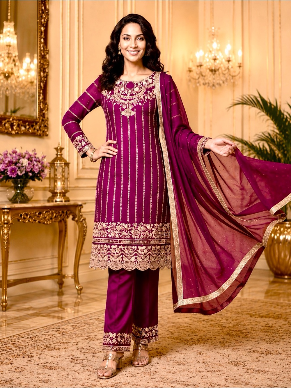 New Děsigner Bollywood Party Wear Look Pure Chinon Silk Top Pant & Dupatta Large